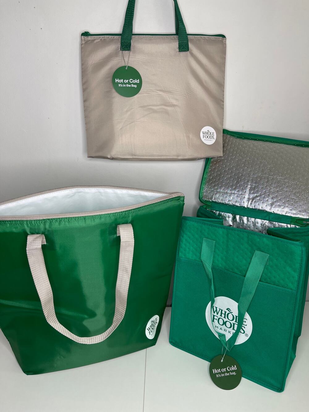 Set of 3! Whole Foods Hot Cold Insulated Cooler Tote Bags, Green Gray White Logo
